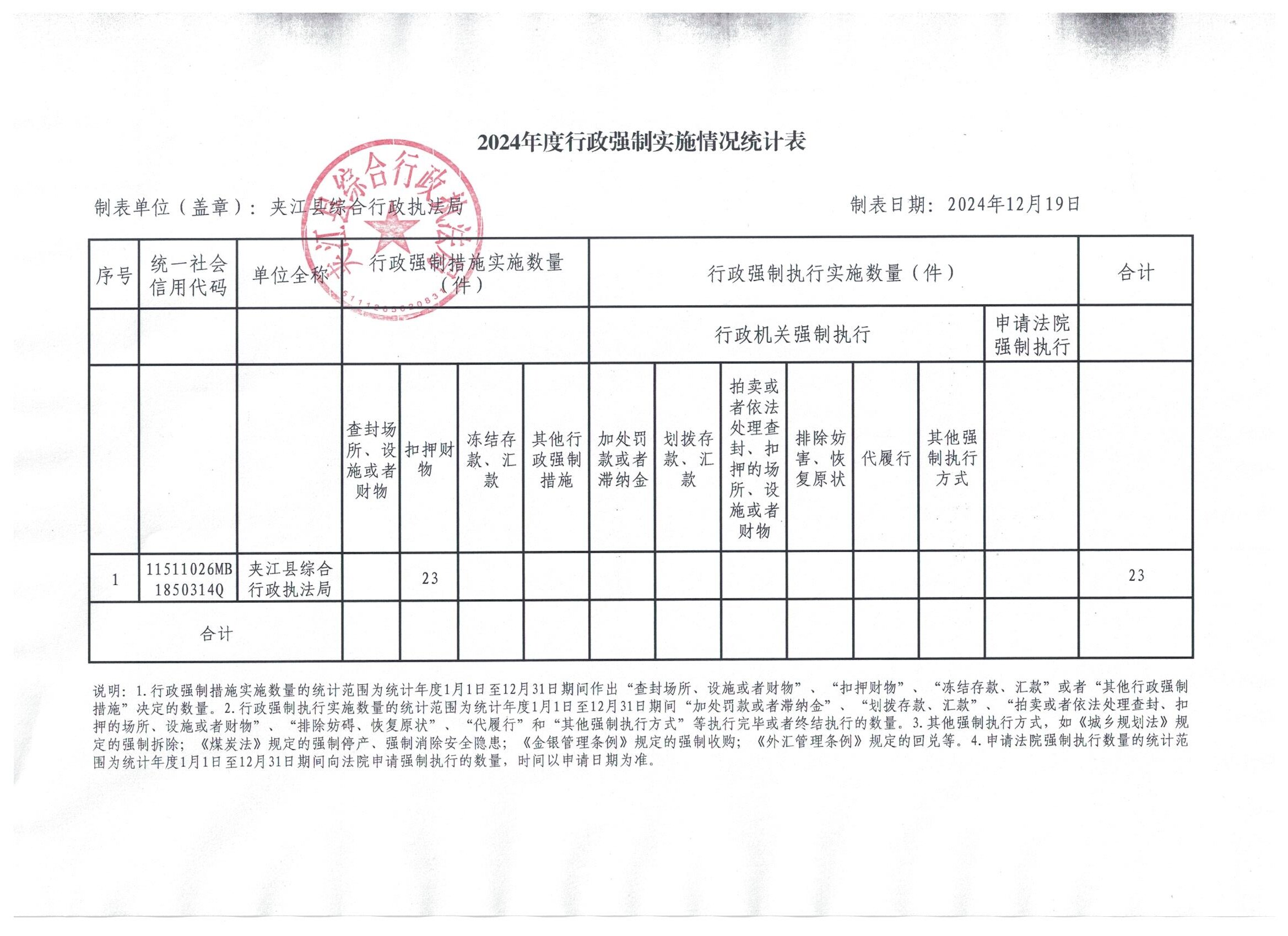 2024年度行政强制实施情况统计表